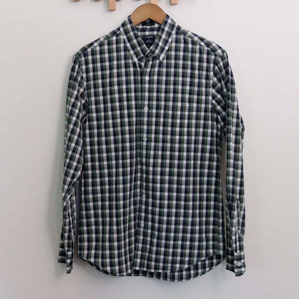 J. Crew Flex Washed Slim Fit Gingham Button Down Shirt Mens Medium Green Navy